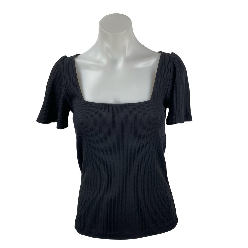 Ann Taylor LOFT Womens Black Short Sleeve Tie Square Neck Knit Blouse Top Size S